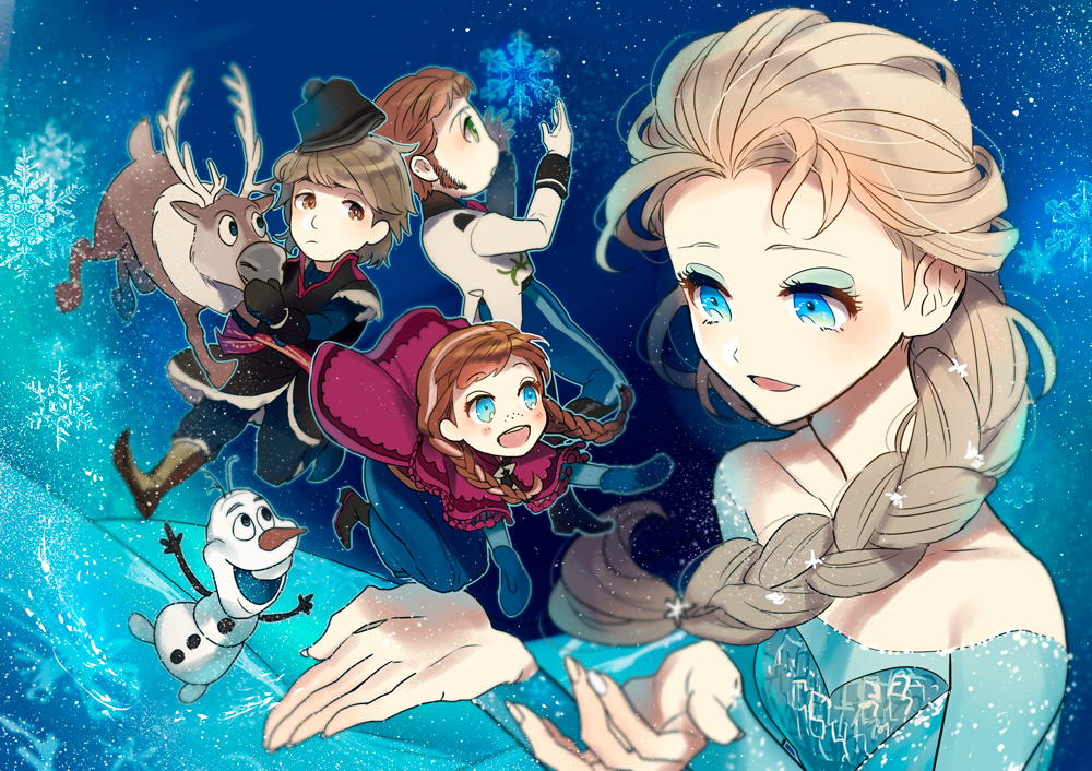2boys, 2girls, anna_(frozen), bare_shoulders, braid, cape, elsa_(frozen), frozen_(disney)