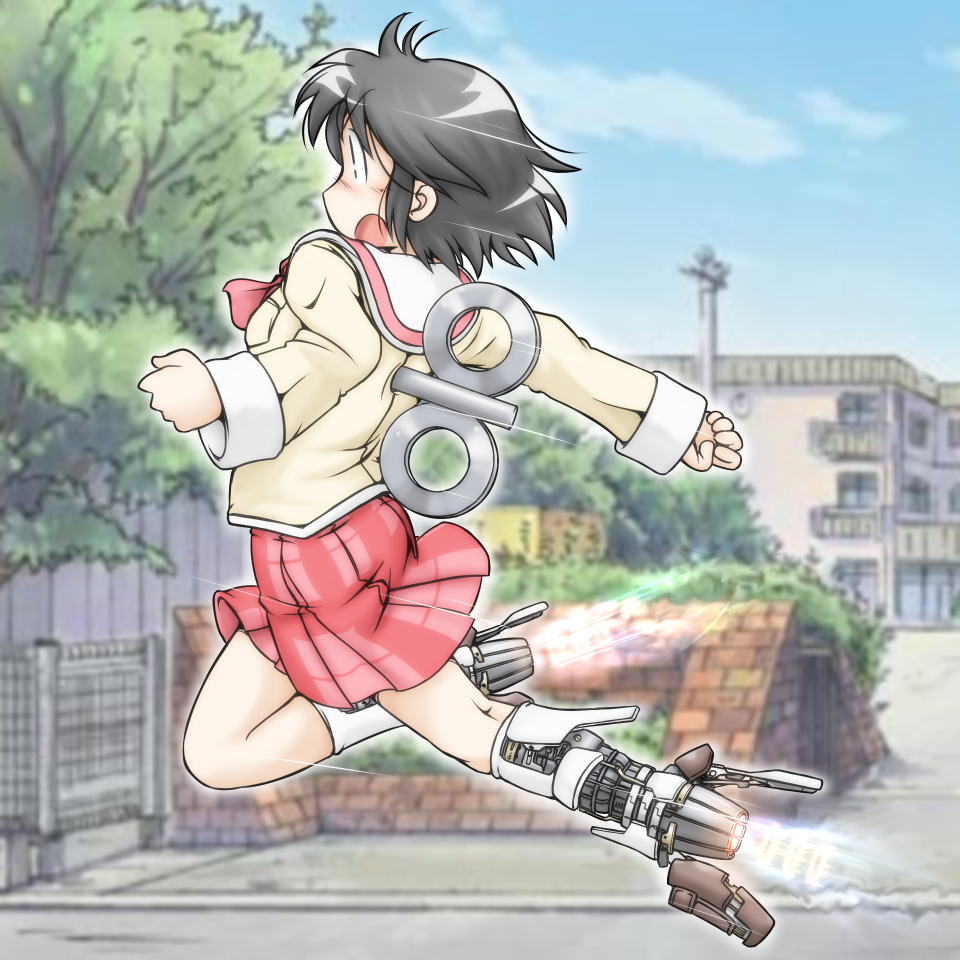 009_re:cyborg, 1girl, android, black_eyes, black_hair, blurry, brick_wall, building