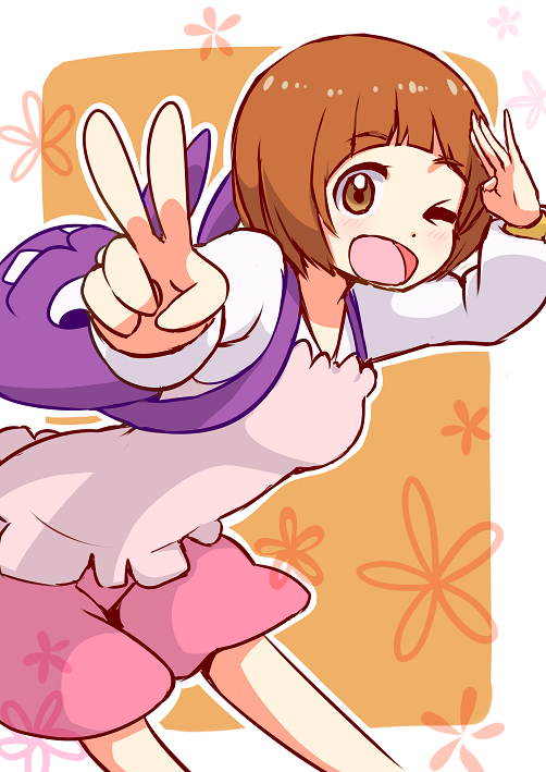 1girl, alternate_costume, backpack, bag, brown_hair, kill_la_kill, mankanshoku_mako, ruka_(naritayuzu), short_hair, shorts, v, wink