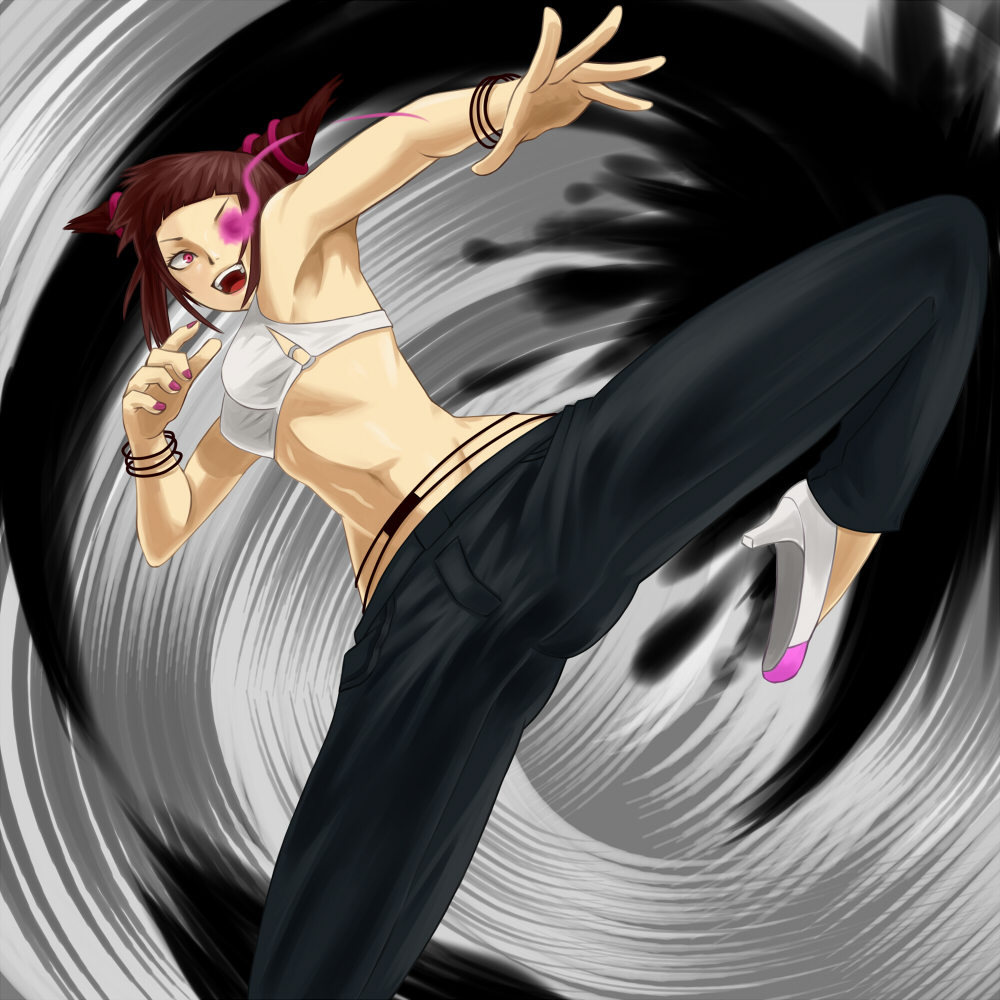 bracelet, glowing, glowing_eye, han_juri, jewelry, kamui_sathi, midriff, open_mouth