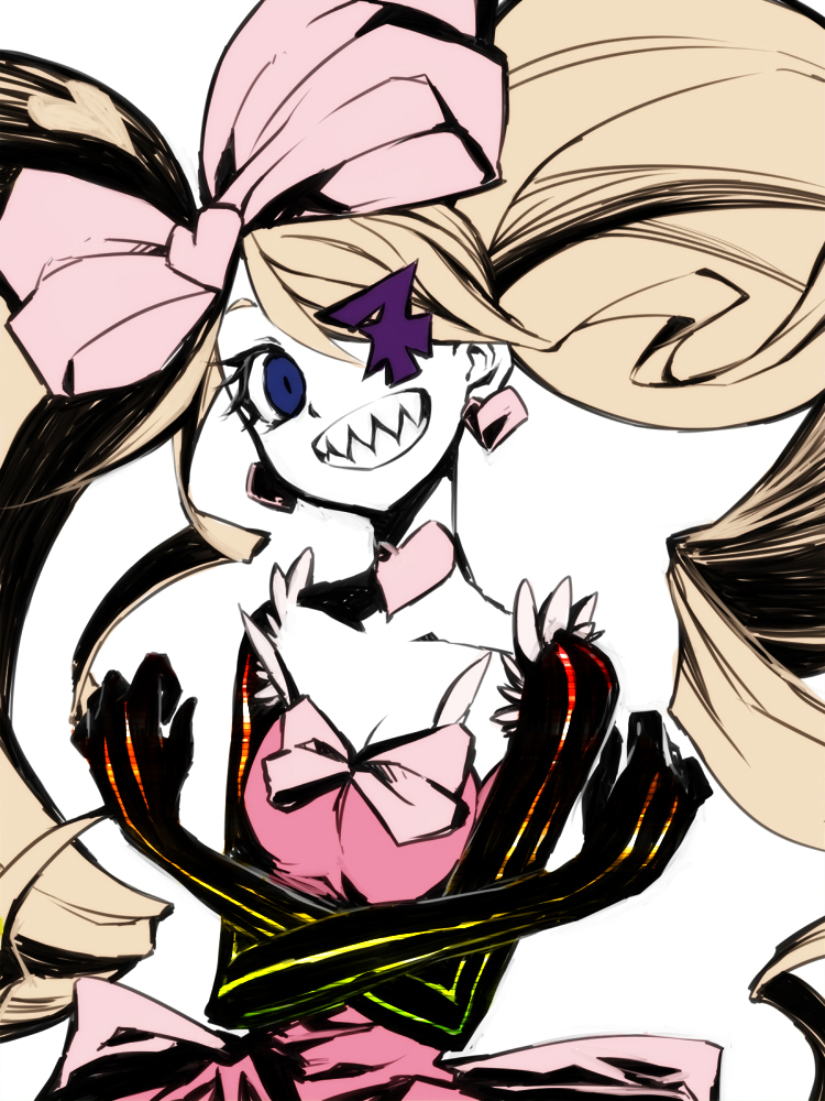 1girl, blonde_hair, blue_eyes, bow, drill_hair, earrings, eyepatch, grin, hair_bow, harime_nui, jewelry, kill_la_kill, long_hair, sharp_teeth, smile, solo, taiti, twin_drills, twintails