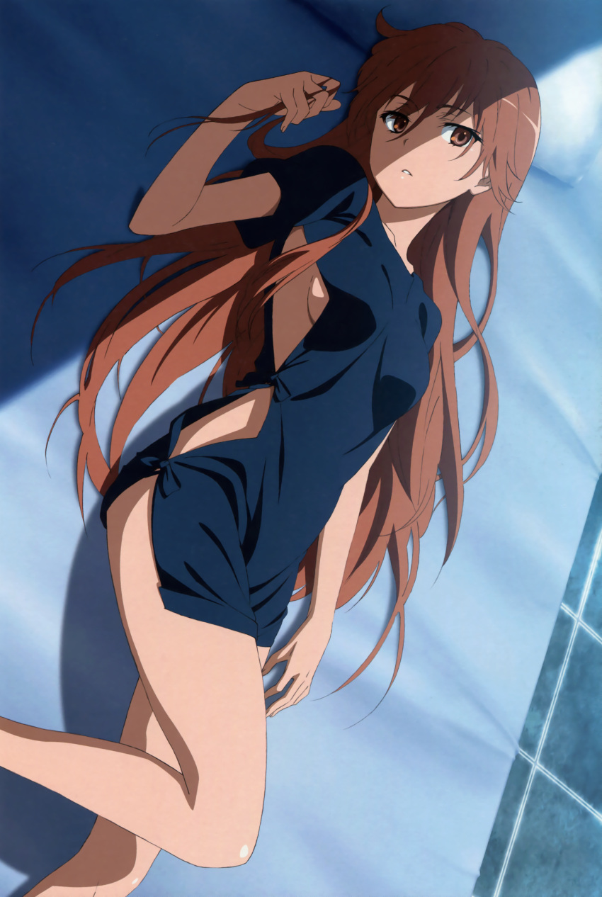 1girl, absurdres, breasts, brown_eyes, brown_hair, fujii_masahiro, highres, hospital_gown, long_hair, lying, misaka_imouto, misaka_imouto_9982, on_back, parted_lips, scan, sideboob, solo, to_aru_kagaku_no_railgun, to_aru_majutsu_no_index, very_long_hair