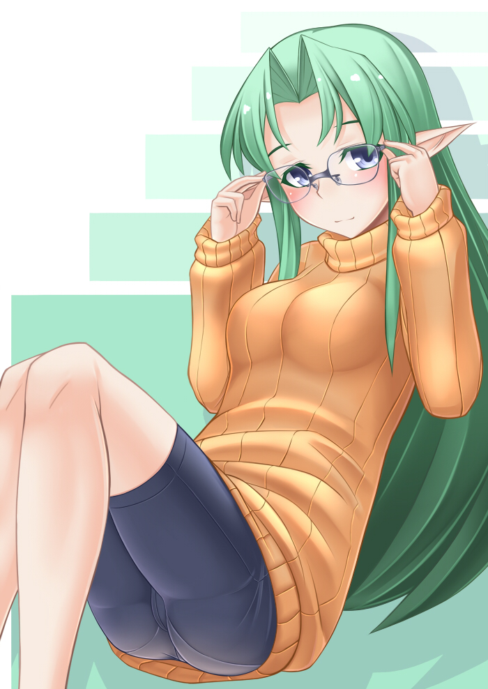 1girl, blush, borrowed_character, breasts, enemia_(nire_nanaki), glasses, green_hair, long_hair
