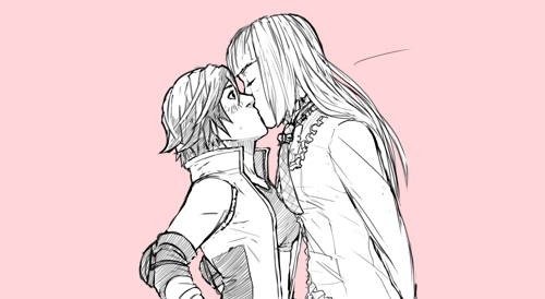 2girls, bangs, blunt_bangs, blush, closed_eyes, elbow_pads, height_difference, jess_(jelee)