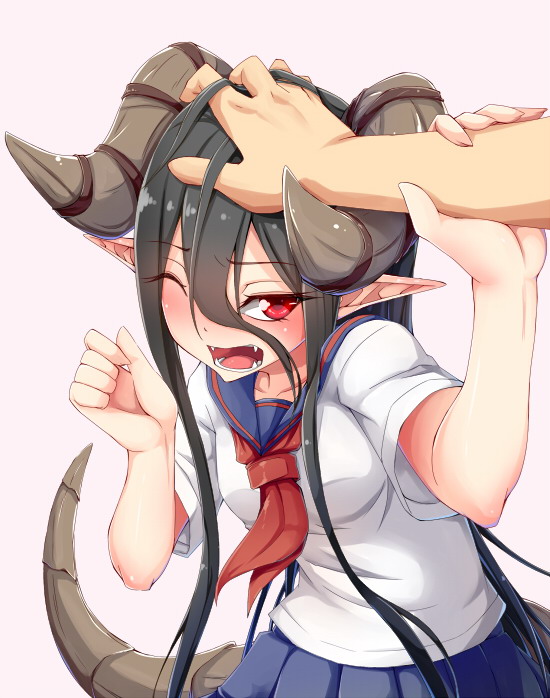 1girl, arm_grab, black_hair, blush, collarbone, dream_demon, fangs, full-face_blush