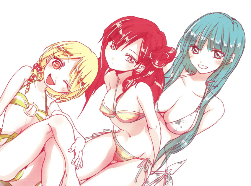 3girls, bikini, blonde_hair, blue_eyes, blue_hair, hair_bun, magi_the_labyrinth_of_magic, morgiana, multiple_girls, orange_eyes, pisti, red_eyes, redhead, swimsuit, wink, yamuraiha