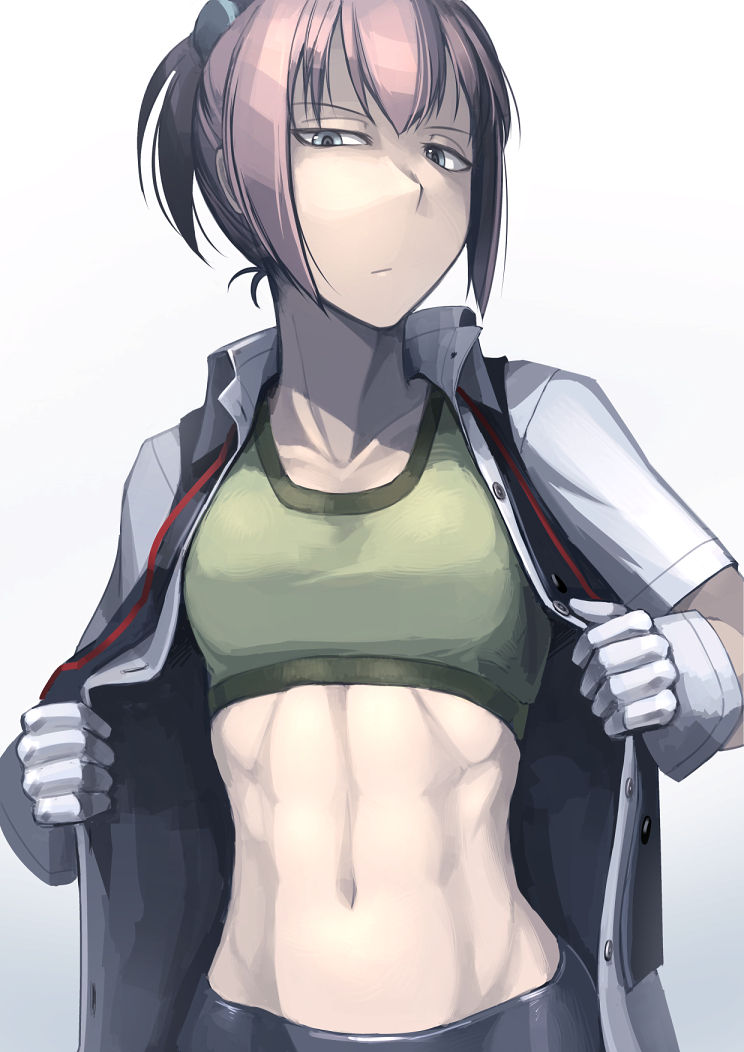 1girl, abs, bike_shorts, blue_eyes, collarbone, gloves, hair_ornament, hetza_(hellshock)