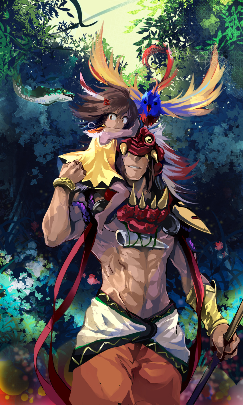 absurdres, barefoot, beast_king_(sekaiju), bird, brown_eyes, brown_hair, dress, feathers, hair_feathers, highres, mask, sekaiju_no_meikyuu, sekaiju_no_meikyuu_3, snake, tubameraamen