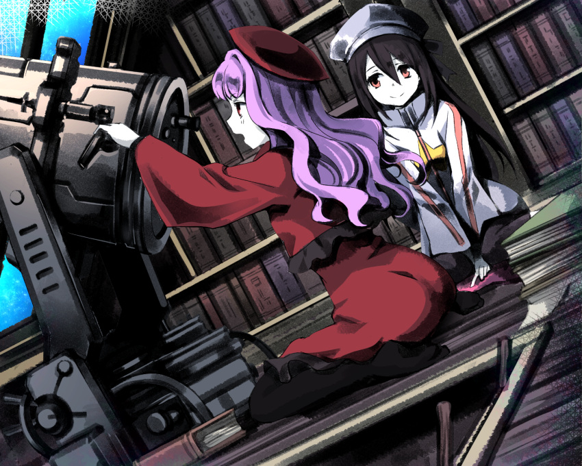 black_hair, book, hat, highres, kneeling, orange_eyes, pantyhose, pink_hair