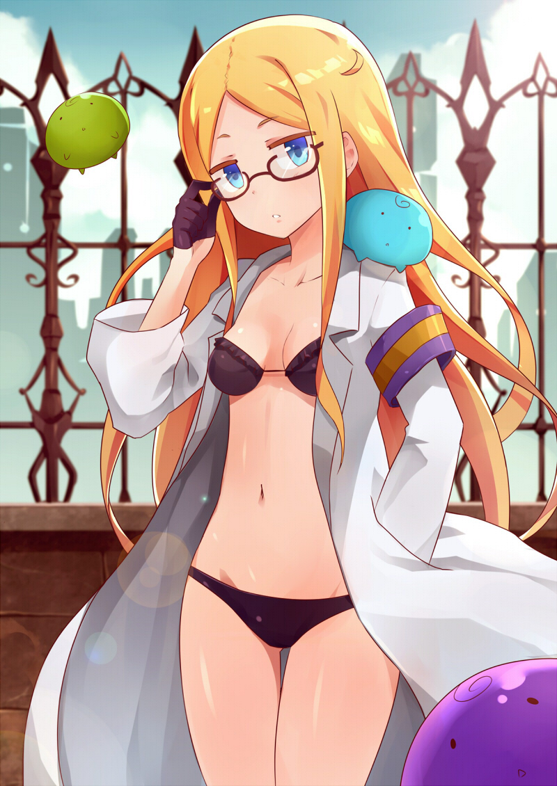 1girl, adjusting_hair, black_bra, black_panties, blonde_hair, blue_eyes, bra, gloves