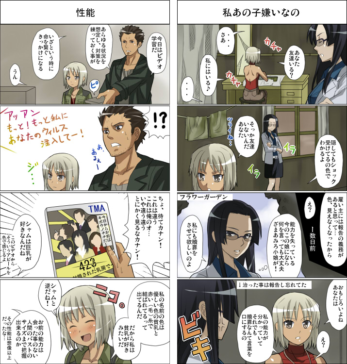 black_hair, brown_eyes, brown_hair, canaan, canaan_(character), comic, glasses, long_hair