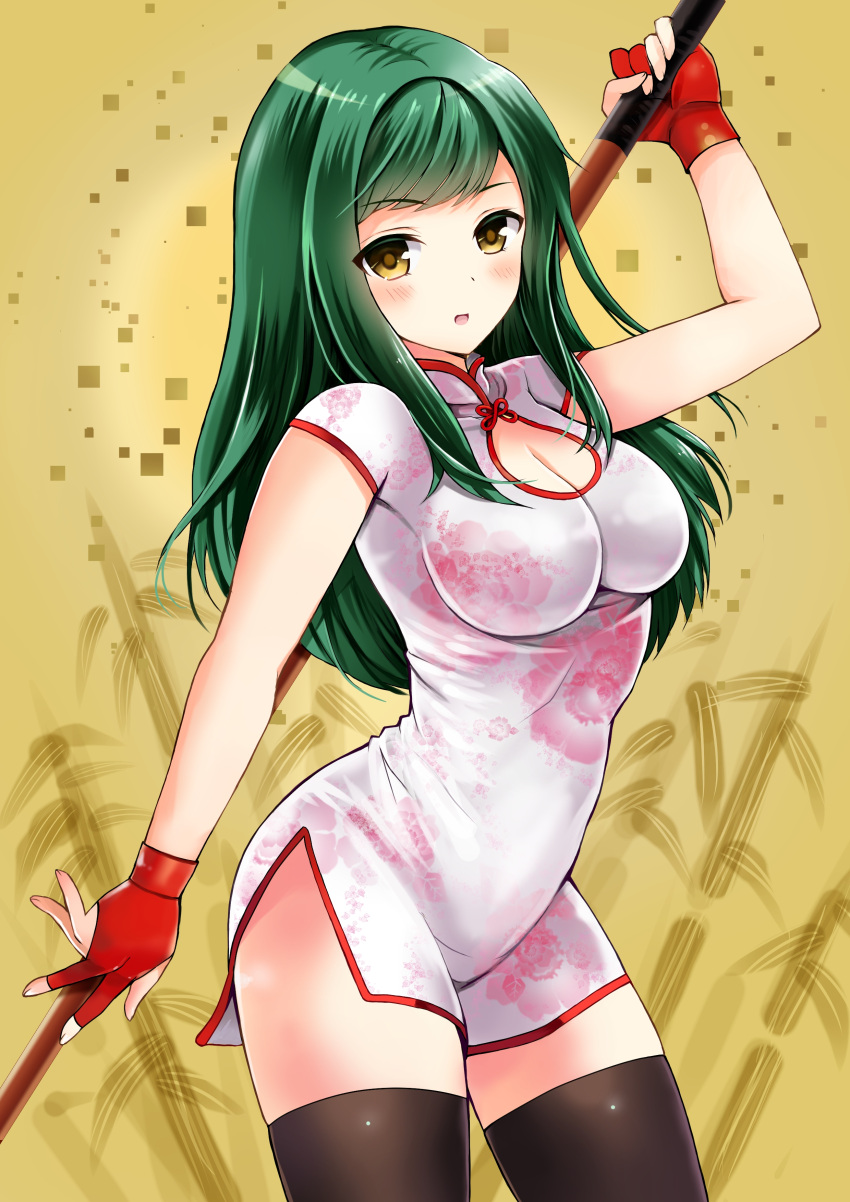 1girl, absurdres, black_legwear, breasts, chinese_clothes, cleavage, cleavage_cutout, cue_stick