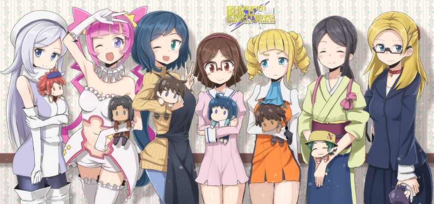 6+girls, ;d, ^_^, aila_jyrkiainen, apron, baker_(gundam_bf), bare_shoulders, black_hair, blonde_hair, blue_eyes, blue_hair, blush, breasts, brown_hair, chairman_mashita, character_doll, cleavage, closed_eyes, copyright_name, cravat, dark_skin, dress, elbow_gloves, formal, frills, frown, fur_trim, glasses, gloves, green_eyes, gundam, gundam_build_fighters, hairband, hat, highres, iori_rinko, iori_sei, iori_takeshi, japanese_clothes, kaosu_nigou, kirara_(gundam_bf), kousaka_china, long_hair, midriff, misaki_(gundam_bf), multiple_girls, navel, nils_nielsen, open_mouth, over-rim_glasses, pantyhose, pink_hair, red-framed_glasses, red_eyes, redhead, reiji_(gundam_bf), ribbed_sweater, ricardo_fellini, semi-rimless_glasses, silver_hair, smile, sunglasses, sunglasses_on_head, sweater, thigh-highs, turtleneck, under-rim_glasses, v, violet_eyes, wink, yajima_caroline, yasaka_mao