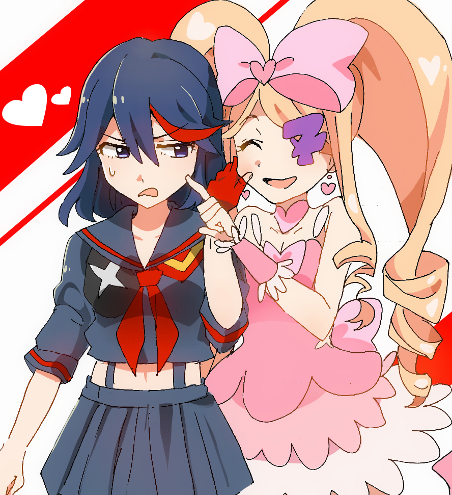 black_hair, blonde_hair, blue_eyes, drill_hair, eyepatch, harime_nui, heart, kill_la_kill