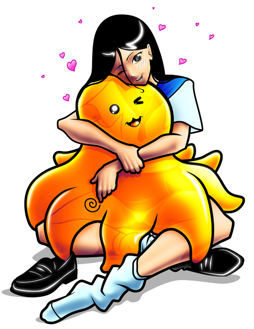 black_hair, blush, happy, hearts, humor, smile, tentacle_monster, tentacles, what