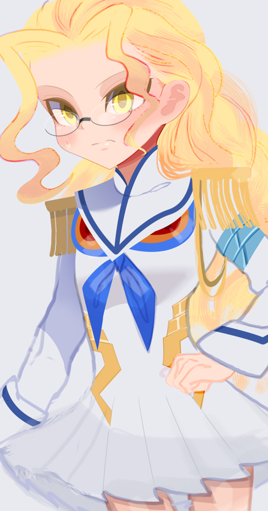 1boy, blonde_hair, crossdressinging, dress, glasses, hand_on_hip, iori_shirou, junketsu, kill_la_kill, long_hair, semi-rimless_glasses, solo, teacup_(iroiro), trap, under-rim_glasses, yellow_eyes