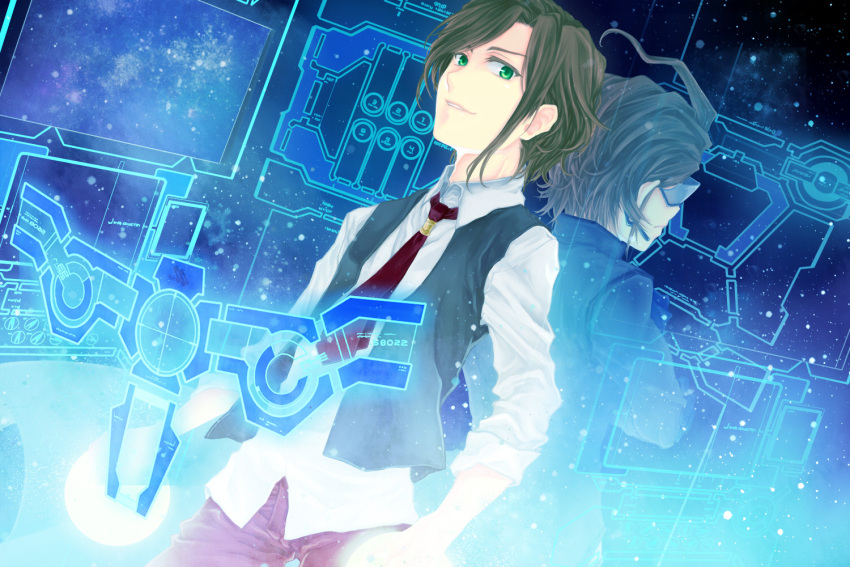 2boys, back-to-back, brown_hair, coat, crossed_arms, dual_persona, floating_screen, green_eyes