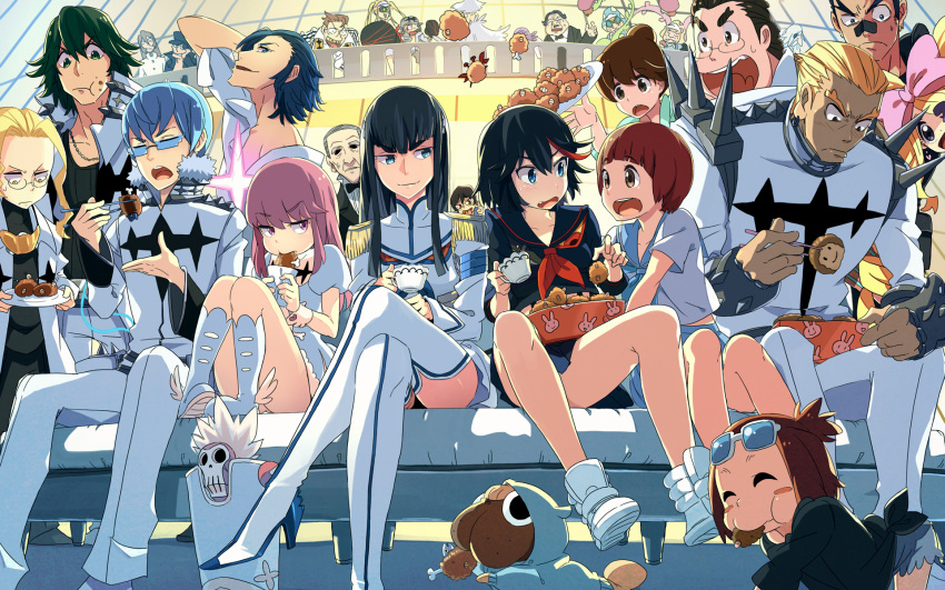 6+boys, 6+girls, :d, black_hair, blonde_hair, blue_eyes, blue_hair, blush