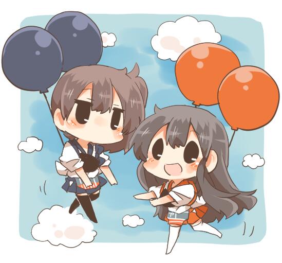 2girls, akagi_(kantai_collection), balloon, balloon_fight, black_eyes, blush, brown_hair, chibi, closed_eyes, clouds, flying, kaga_(kantai_collection), kantai_collection, long_hair, minigirl, multiple_girls, open_mouth, parody, rebecca_(keinelove), short_hair, side_ponytail, sky, smile