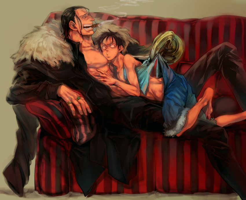 black_hair, cigar, clothes_grab, fur_coat, hook_hand, jewelry, long_hair, male