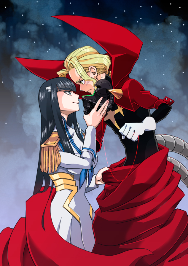 1boy, 1girl, black_hair, blonde_hair, epaulettes, eye_contact, face-to-face, gas_mask, gloves, iori_shirou, junketsu, kill_la_kill, kiryuuin_satsuki, long_hair, looking_at_another, metro_(yoto), tailor_regalia