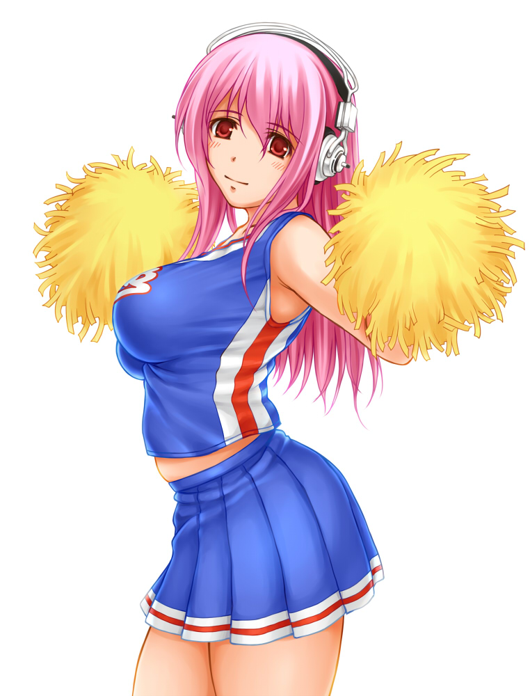 1girl, blush, breasts, cheerleader, headphones, large_breasts, long_hair, looking_at_viewer