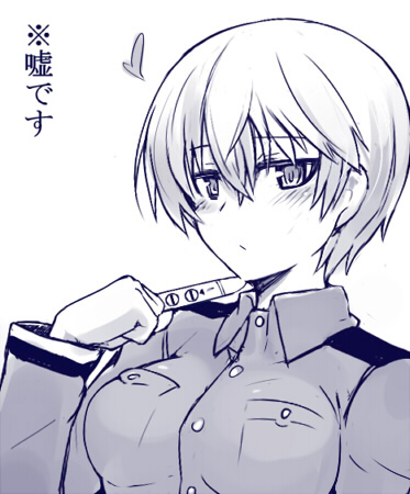 1girl, blush, laura_toth, looking_at_viewer, lowres, military, military_uniform, monochrome, null_(nyanpyoun), pregnancy_test, short_hair, solo, strike_witches, uniform