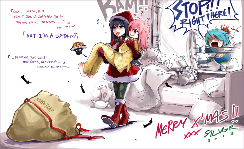 2013, 3girls, ?, akemi_homura, akuma_homura, alternate_hairstyle, bed, black_feathers
