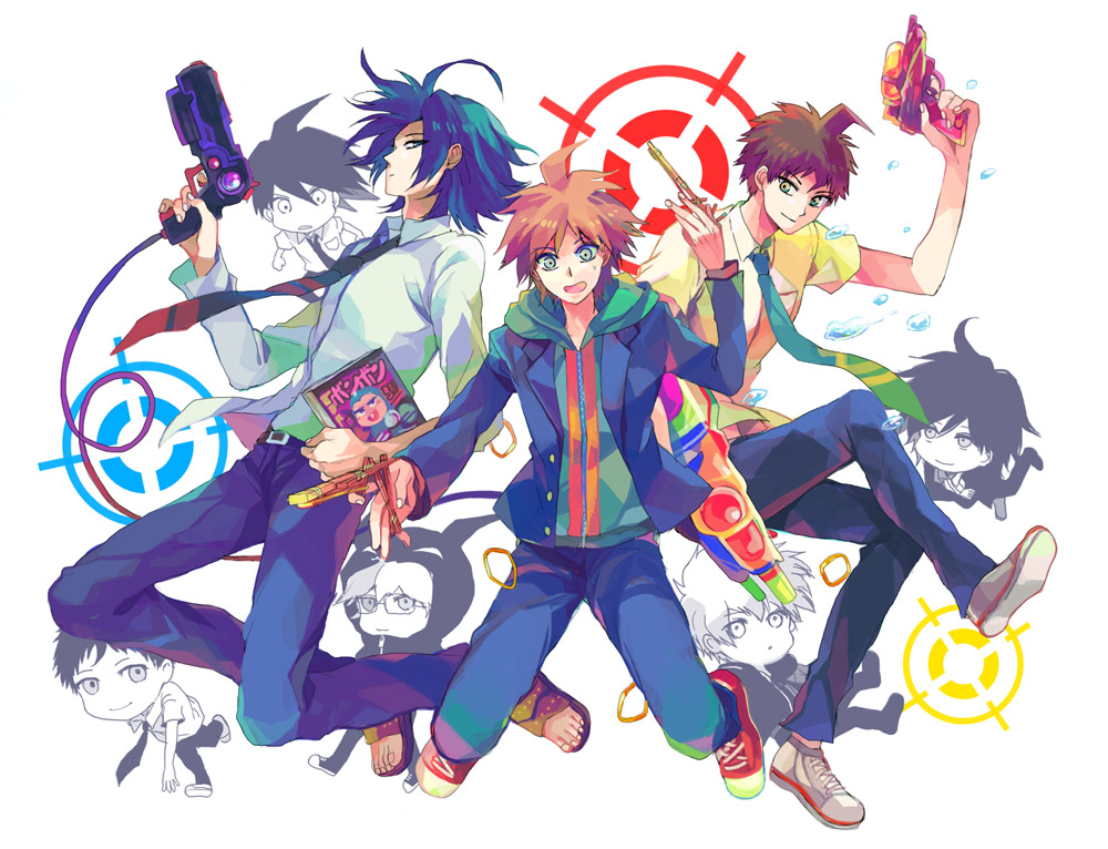 3boys, ahoge, black_hair, blue_eyes, brown_hair, chara_rira, chibi, dangan_ronpa