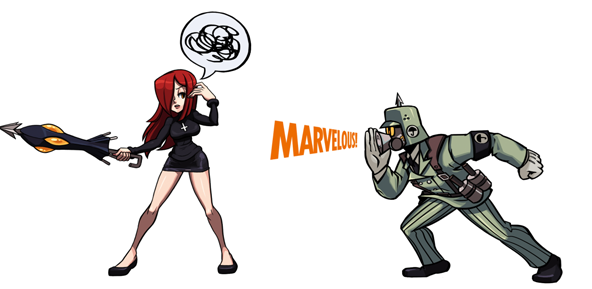 1boy, 1girl, artist_request, black_egrets, helmet, krieg_(skullgirls), long_hair, looking_at_another