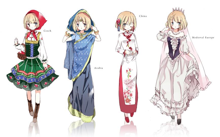 alice_margatroid, alternate_costume, arabian_clothes, chinese_clothes, cierra_(ra-bit), european_clothes, floral_print, multiple_persona