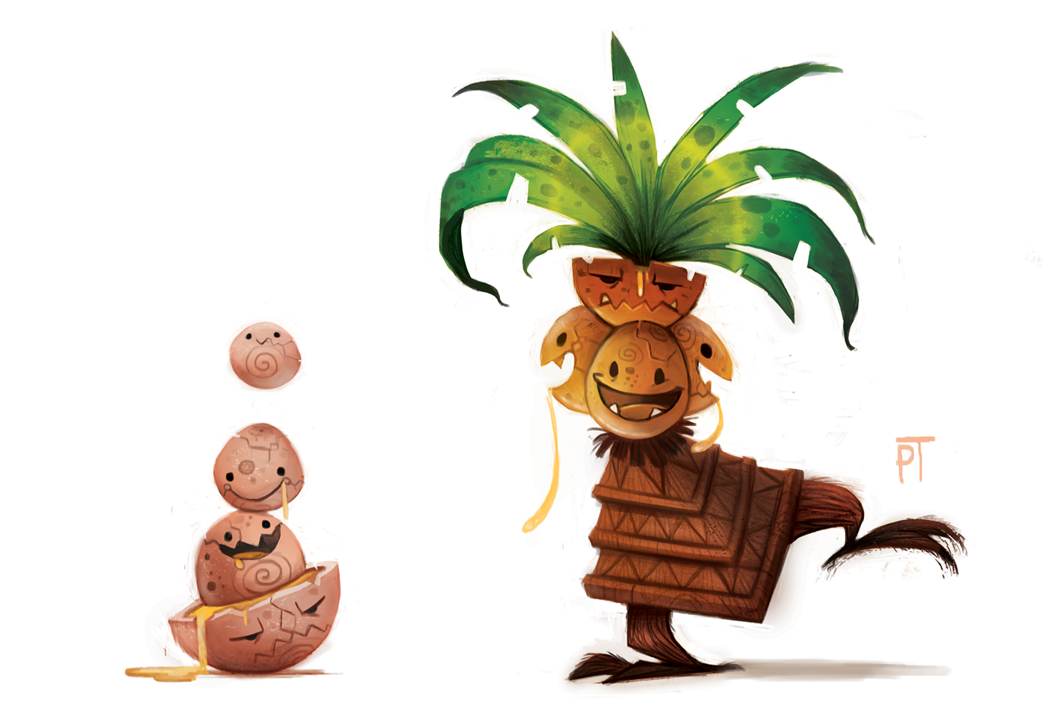 egg, exeggcute, exeggutor, frown, no_humans, open_mouth, piper_thibodeau, pokemon, signature, smile, tree, white_background