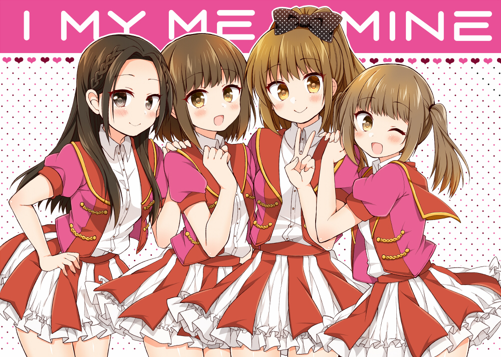 4girls, :d, ;d, blush, bow, braid, brown_eyes, brown_hair, dress_shirt, frilled_skirt, frills, hair_bow, hand_on_another's_shoulder, hand_on_hip, hands_on_another's_shoulder, heart, himegoto, idol, kuwahara_yuuki, lineup, long_hair, multiple_girls, ono_saki, open_mouth, polka_dot, polka_dot_background, polka_dot_bow, puffy_short_sleeves, puffy_sleeves, real_life, saotome_yuka, seiyuu, shirt, short_hair, short_sleeves, skirt, smile, toujou_hisako, tsukudani_norio, twintails, uniform, wink