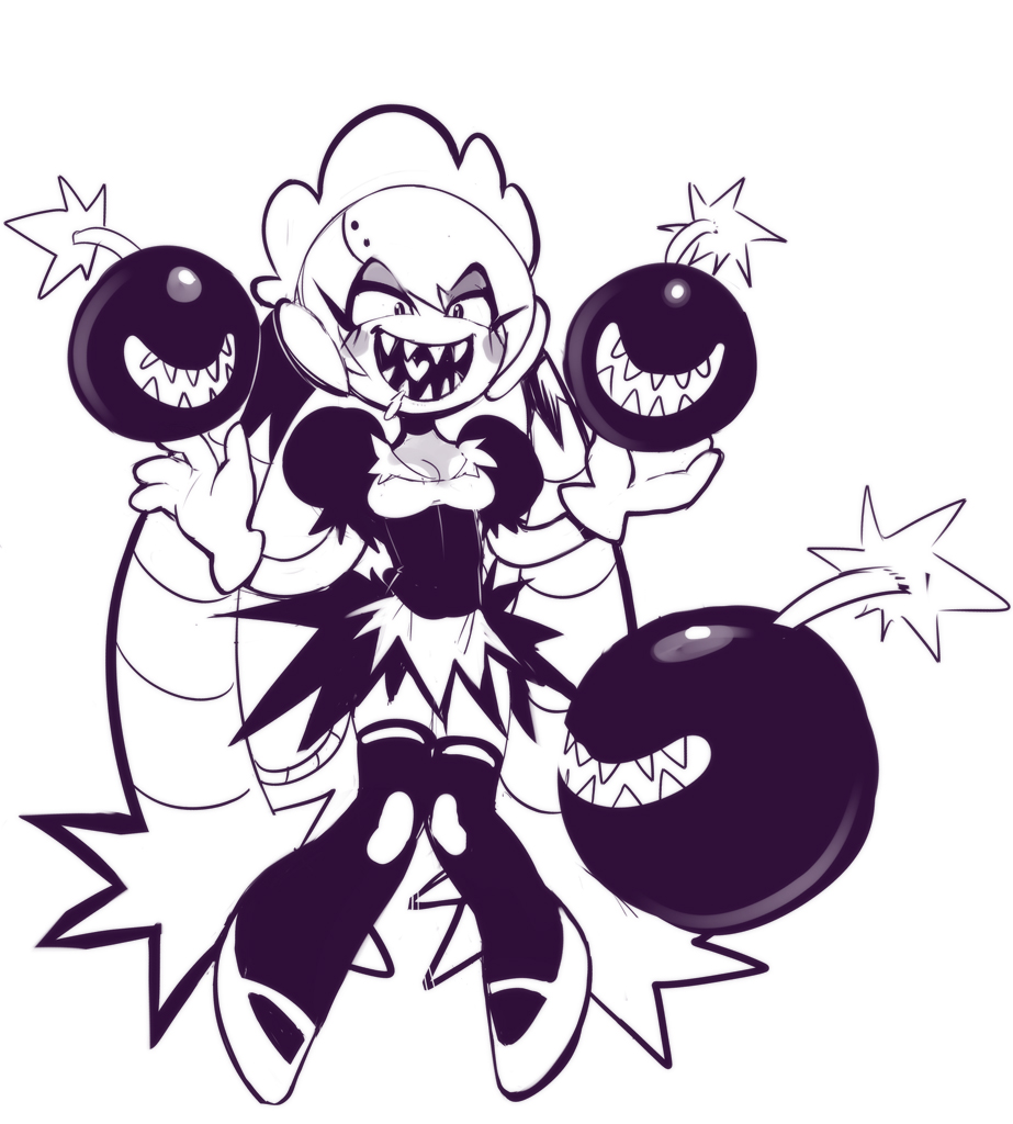 1girl, blush_stickers, bomb, boomina, boomina_the_maidroid, gloves, heart, heart_in_mouth, long_hair, maid_headdress, mary_janes, monochrome, robot_ears, sharp_teeth, sho-n-d, shoes, solo, thighhighs, twintails