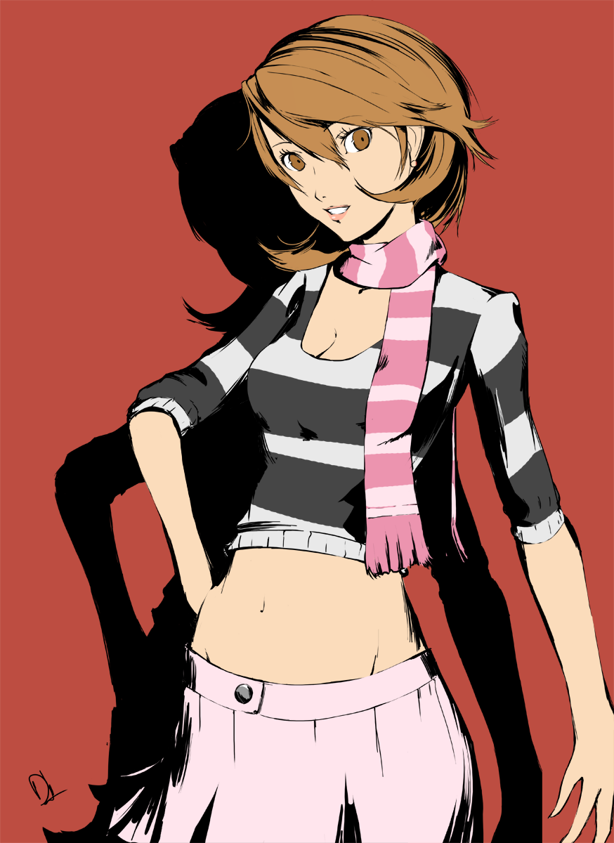 1girl, breasts, brown_hair, casual, cleavage, commentary, crop_top, dh_(brink_of_memories)