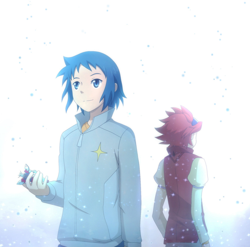 2boys, asumakobayashi, back-to-back, blue_eyes, blue_hair, build_strike_gundam_cosmos, gundam, gundam_build_fighters