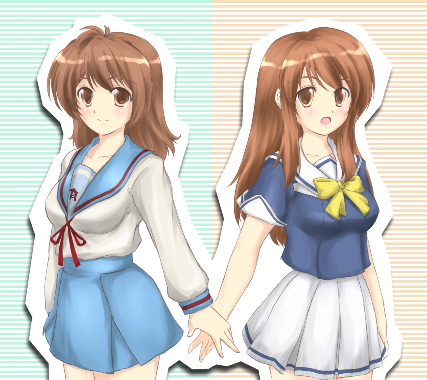 back-to-back, back_to_back, brown_eyes, brown_hair, cosplay, costume_switch, crossover, gotou_yuuko