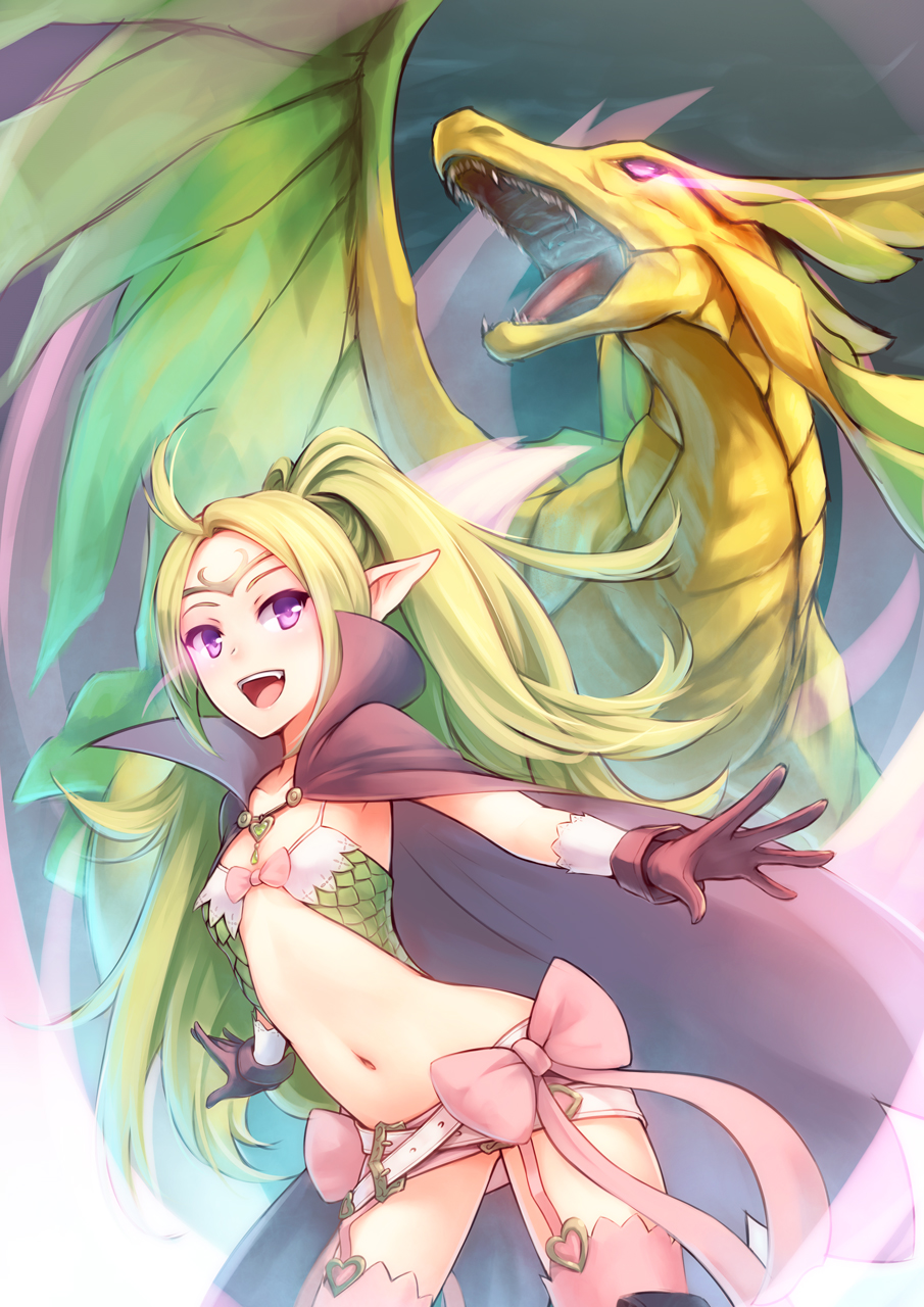 1girl, ahoge, belt, bow, cape, circlet, dragon, fang