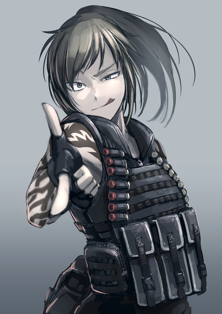 1girl, ;p, ammunition, blue_eyes, blurry, brown_hair, depth_of_field, fingerless_gloves