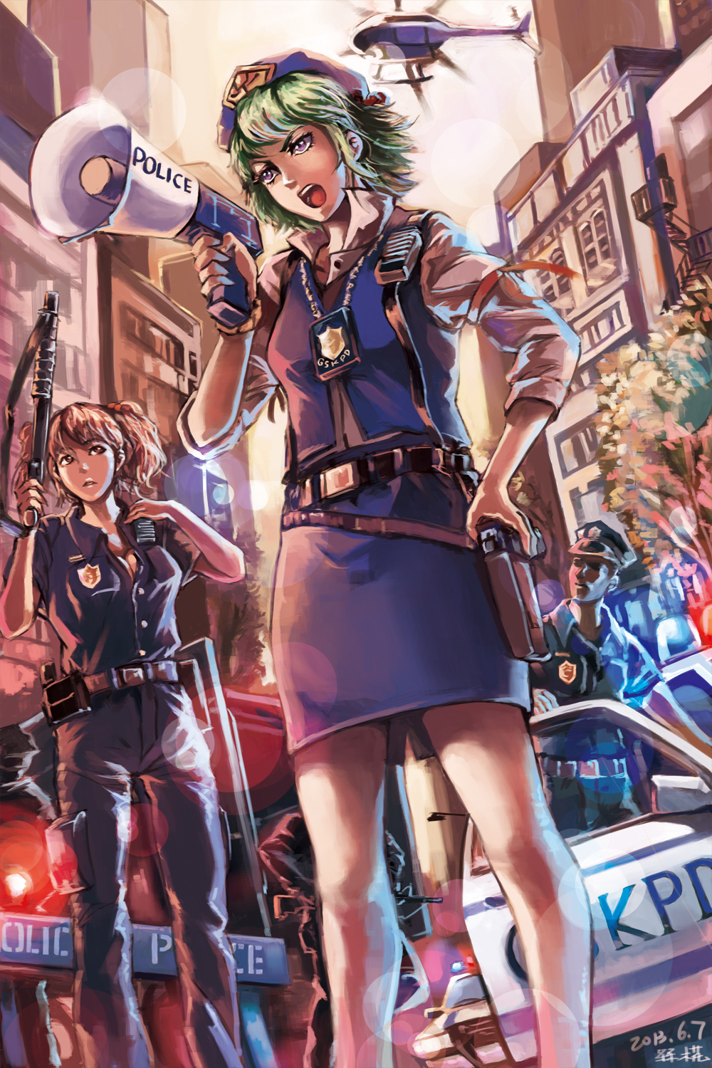 2girls, badge, barricade, green_hair, gun, helicopter, highres, holster
