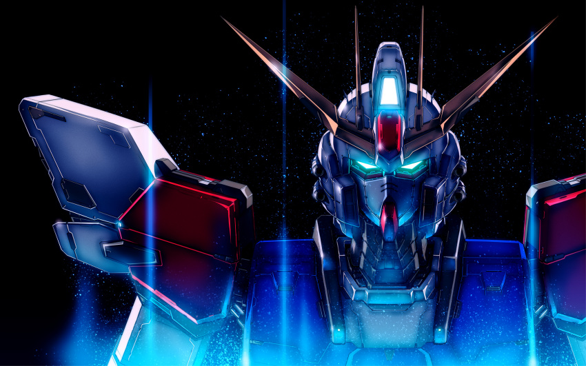 banchengping@126, black_background, glowing, glowing_eyes, gundam, gundam_build_fighters, highres, mecha