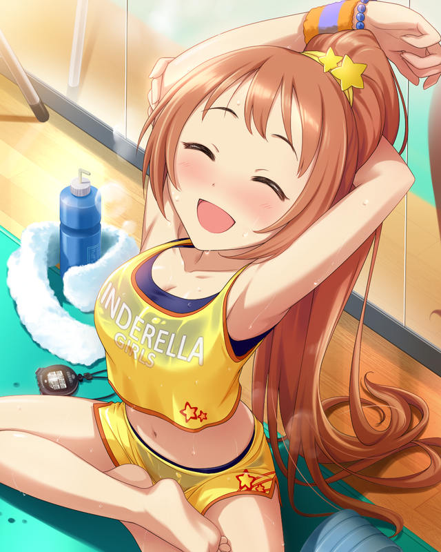 1girl, :d, ^_^, armpits, arms_behind_head, barefoot, blush, bottle