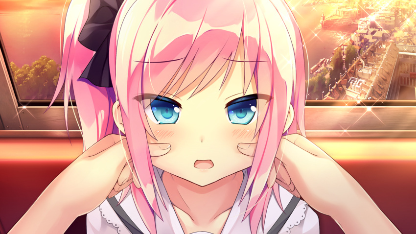1boy, 1girl, aqua_eyes, black_ribbon, blush, cheek_pull, cityscape, collarbone