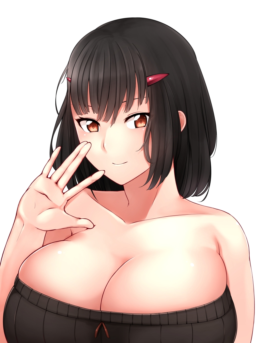 1girl, bare_shoulders, black_hair, breasts, bust, cleavage, hair_ornament, hairclip, highres, huge_breasts, looking_at_viewer, original, shumichi, simple_background, skindentation, smile, waving, white_background
