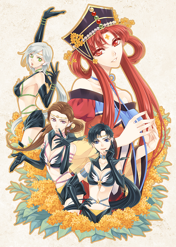 4girls, bare_shoulders, bishoujo_senshi_sailor_moon, black_gloves, elbow_gloves, flower, gloves, hat