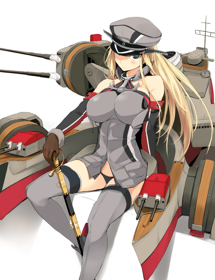 1girl, bismarck_(kantai_collection), blonde_hair, blue_eyes, breasts, brown_gloves, detached_sleeves, gloves