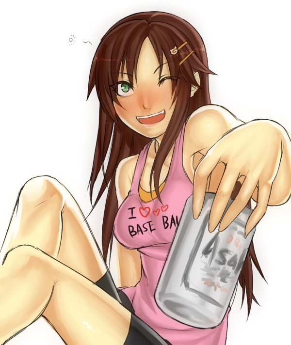 1girl, ;), asahi_(beer), beer_can, bike_shorts, blush, breasts, brown_hair