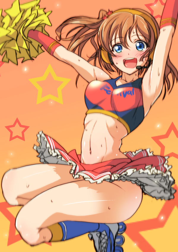 1girl, arms_up, blue_eyes, blush, breasts, cheerleader, headset, kosuke_haruhito