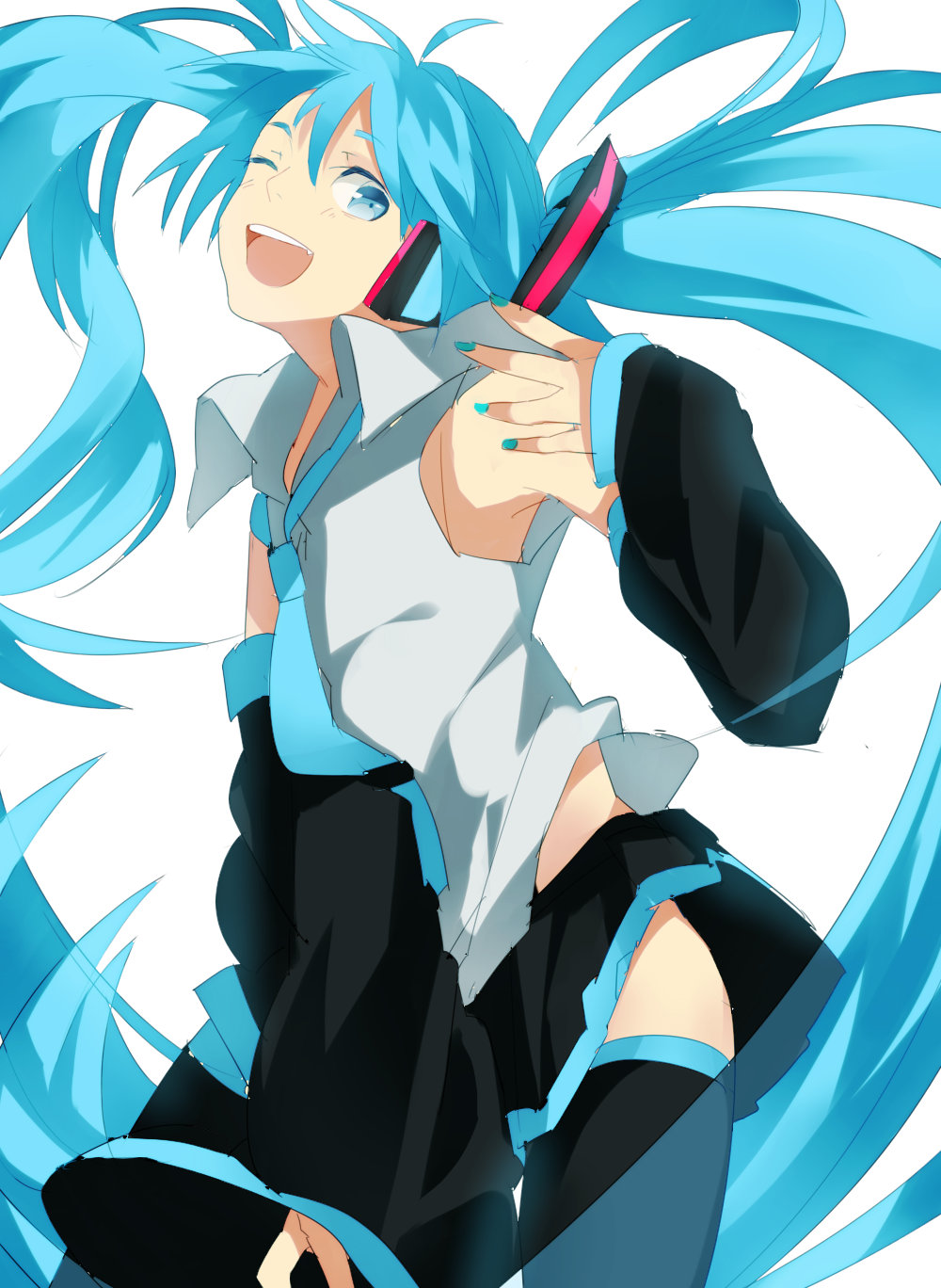 aqua_eyes, aqua_hair, hatsune_miku, highres, long_hair, necktie, smile, twintails