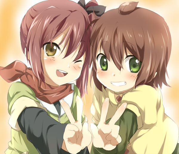 2girls, bad_id, blush, brown_eyes, brown_hair, green_eyes, long_hair, maruki_(punchiki)